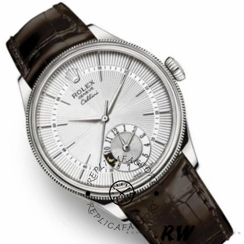 Rolex Cellini Dual Time 50529 Silver Dial Brown Strap 39mm Mens Replica Watch - QualitySwissReplica