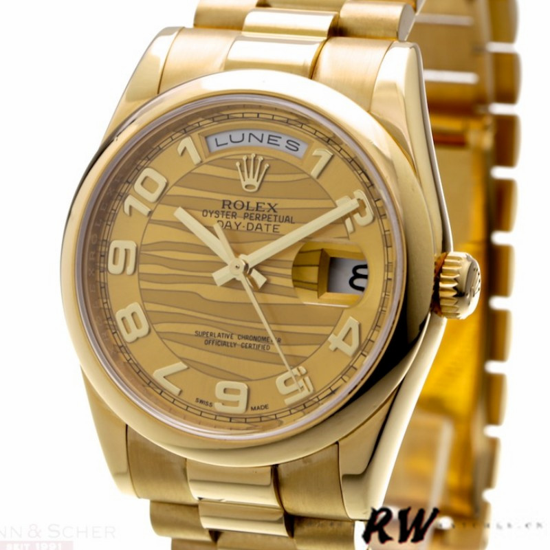 Rolex Day-Date 118208 Arabic Numeral Wave Champagne Dial 36mm Unisex Replica Watch - QualitySwissReplica