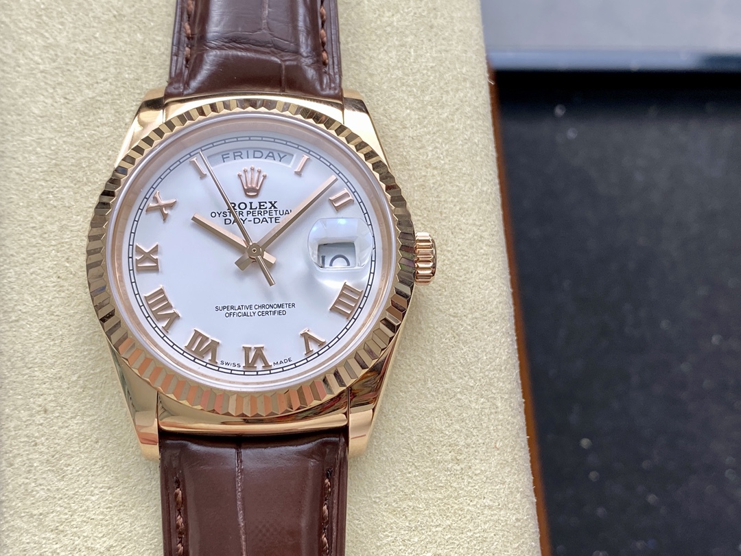 Rolex Day Date 36 White Dial 118135 0064 Brown Leather Watch - QualitySwissReplica