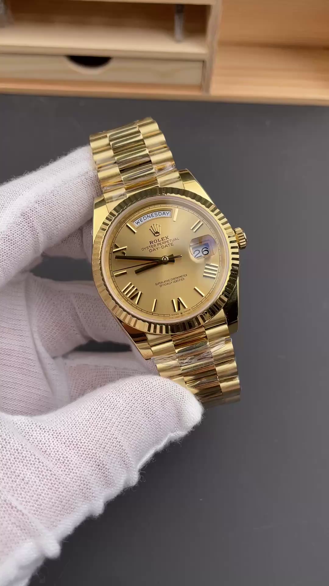 Rolex Day-Date 228238 Champagne Roman Dial Fluted Bezel 40mm Mens Replica Watch - QualitySwissReplica