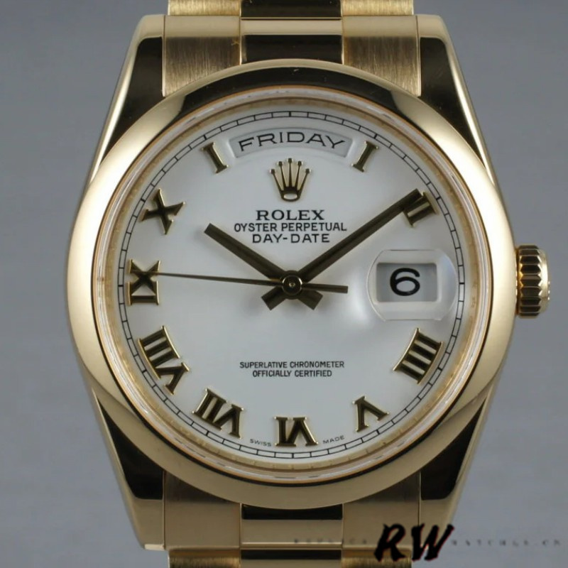 Rolex Day-Date 118208 White Roman Dial Roman Numerals 36mm Unisex Replica Watch - QualitySwissReplica