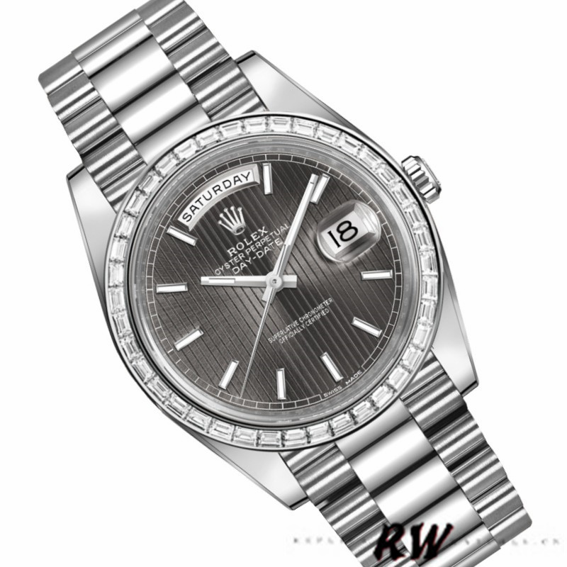 Rolex Day-Date 228396TBR Dark Rhodium Grey Dial Diamond Bezel 40mm Mens Replica Watch - QualitySwissReplica