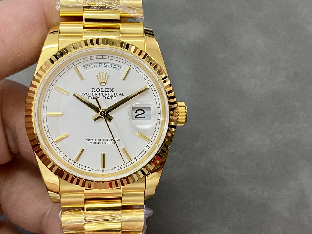 Rolex Day-Date 36MM 128238 0081 Fluted Bezel White Index Dial Unisex Replica Watch - QualitySwissReplica