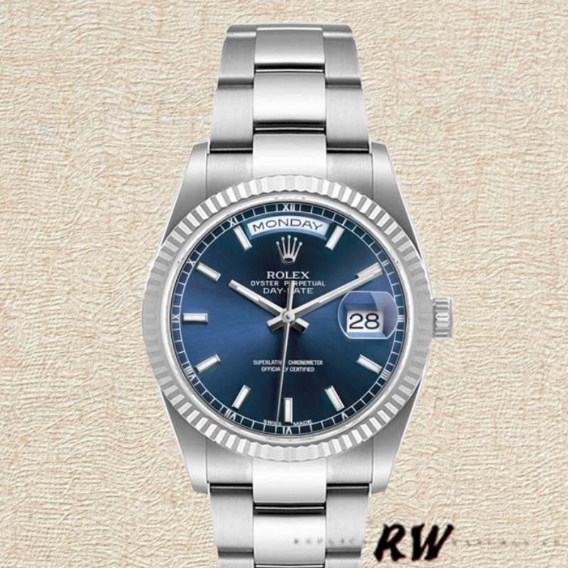 Rolex Day-Date 118239 White Gold Blue Dial Fluted Bezel 36mm Unisex Replica Watch - QualitySwissReplica