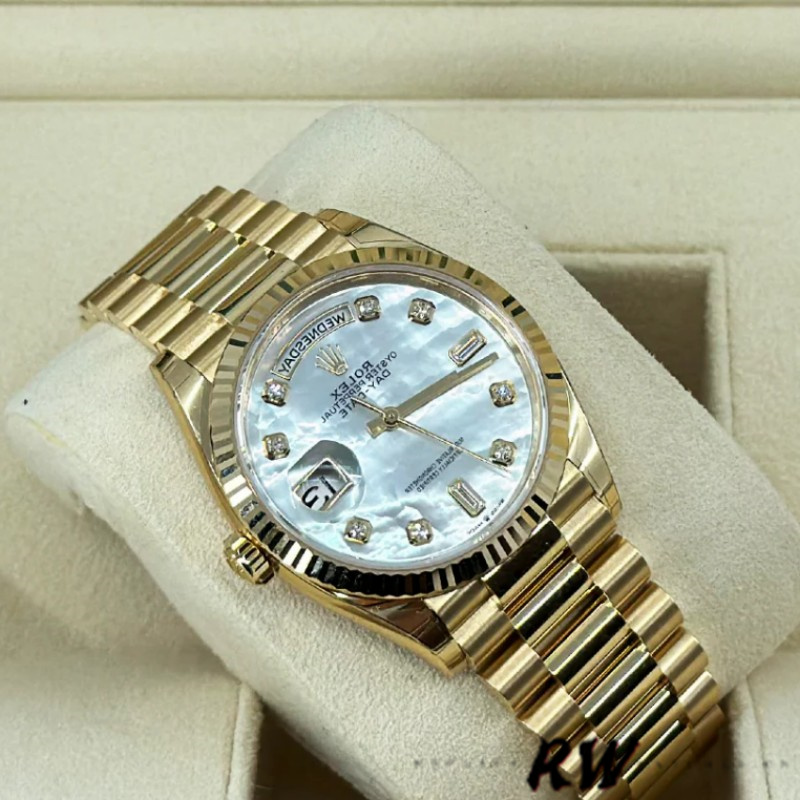 Rolex Day-Date 128238 Fluted Bezel White Mother of Pearl Dial 36MM Unisex Replica Watch - QualitySwissReplica