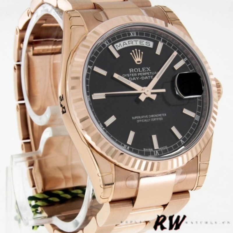Rolex Day-Date 118235 Black Dial Fluted Bezel 36mm Unisex Replica Watch - QualitySwissReplica