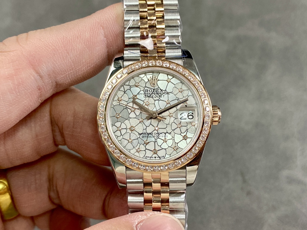 Rolex Datejust 31 Rose Gold Silver Floral Motif Diamond Dial Diamond Bezel m278381rbr 0032 - QualitySwissReplica