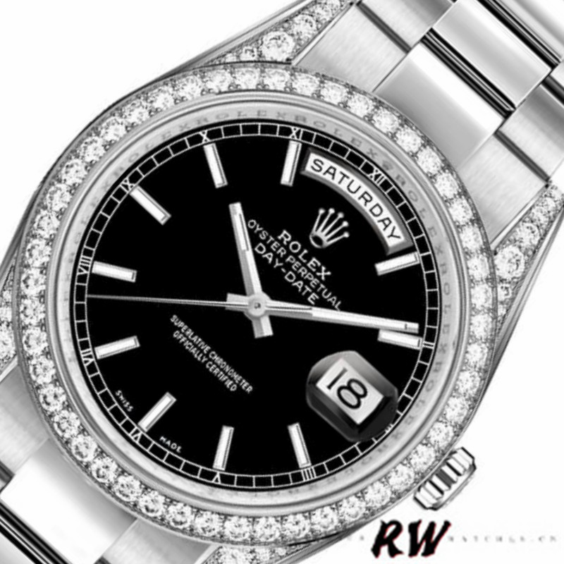 Rolex Day-Date 118389 Diamond Bezel Black Index Dial 36MM Unisex Replica Watch - QualitySwissReplica