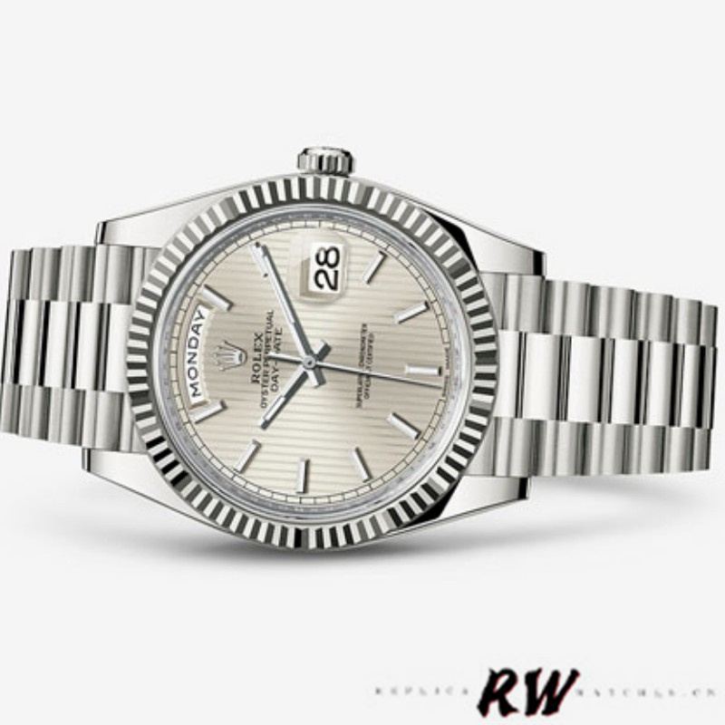 Rolex Day-Date 228239 Silver Stripe Motif Dial Fluted Bezel 40mm Mens Replica Watch - QualitySwissReplica