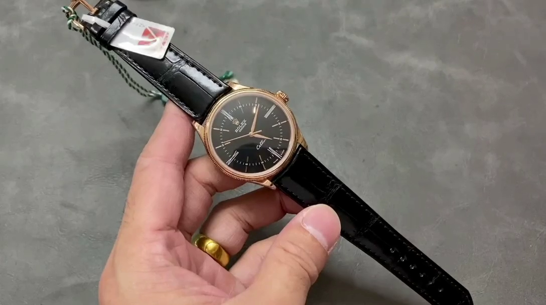Rolex Cellini Time 50505 Black Leather Strap Black Dial 39mm Mens Replica Watch - QualitySwissReplica