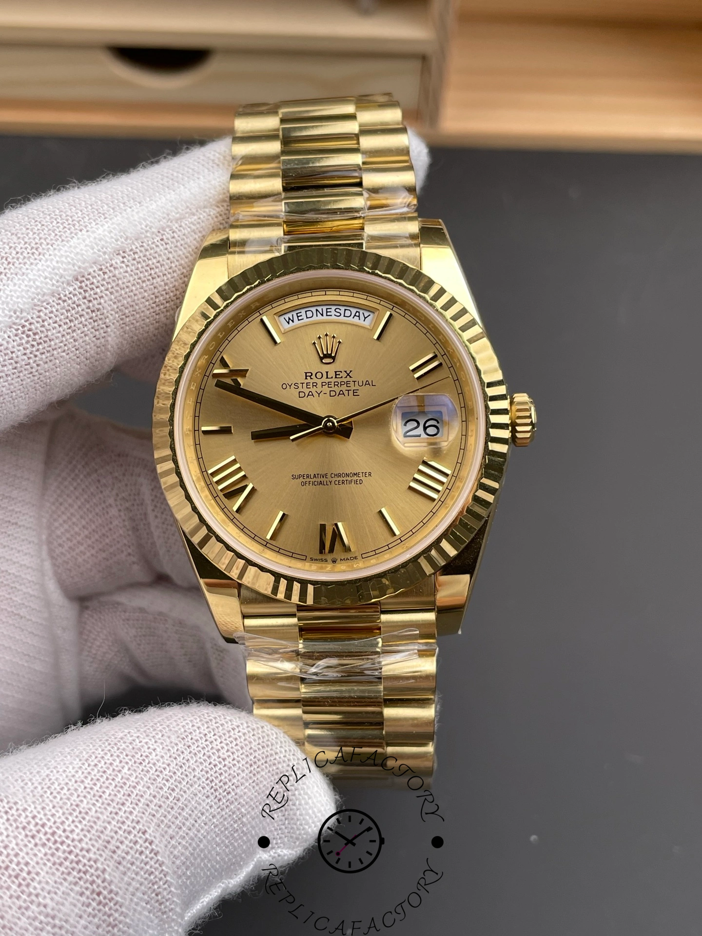 Rolex Day-Date 228238 Champagne Roman Dial Fluted Bezel 40mm Mens Replica Watch - QualitySwissReplica