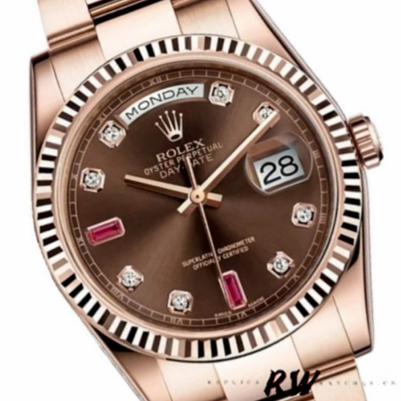 Rolex Day-Date 118235 Rose Gold Chocolate Diamond Dial 36mm Unisex Replica Watch - QualitySwissReplica