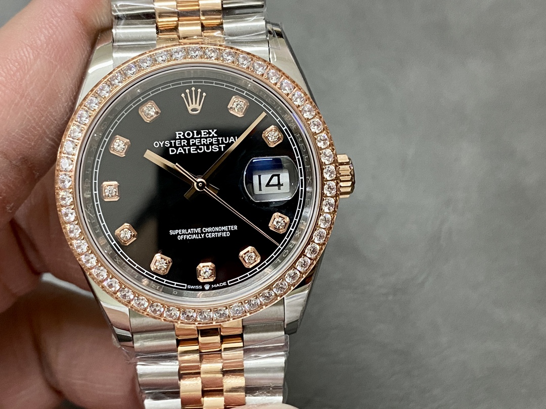 Rolex Datejust 36 Steel & Everose Gold Black Dial Diamond Bezel m126281rbr 0007 - QualitySwissReplica