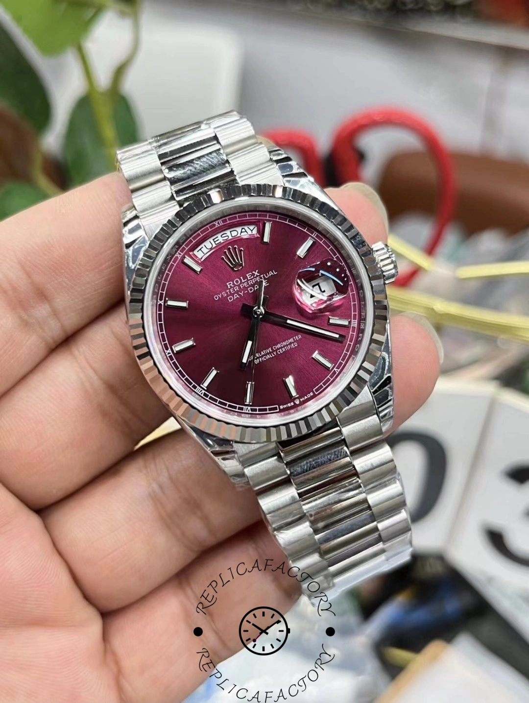 Rolex Day-Date 118239 Cherry Red Dial Fluted Bezel 36mm Lady Replica Watch - QualitySwissReplica
