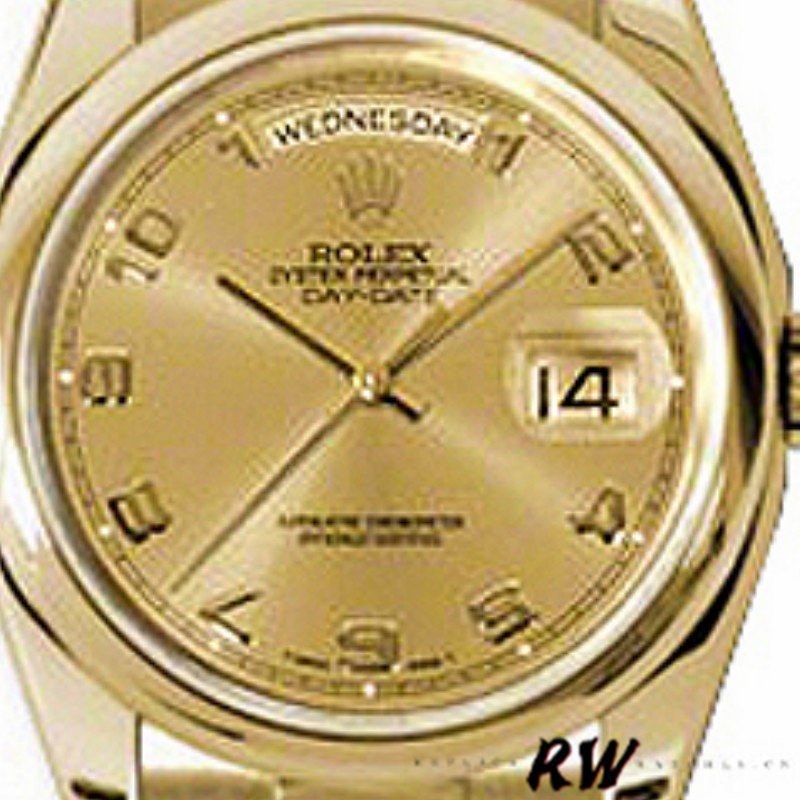 Rolex Day-Date 118208 champagne dial Arabic Numeral Hour Markers yellow gold 36mm Unisex Replica Watch - QualitySwissReplica