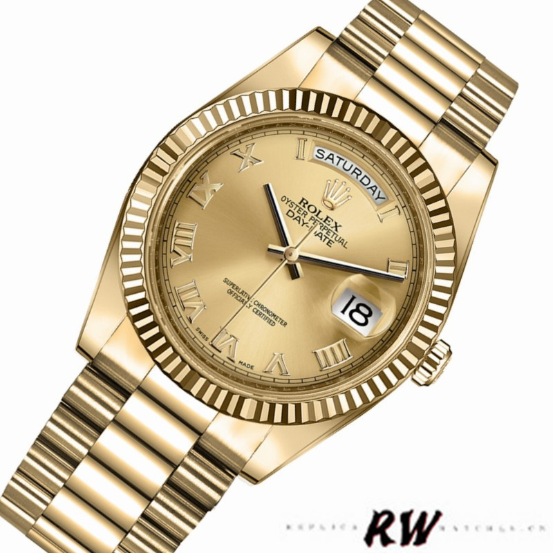 Rolex Day-Date 218238 Champagne Roman Numeral Dial Yellow Gold 41MM Mens Replica Watch - QualitySwissReplica