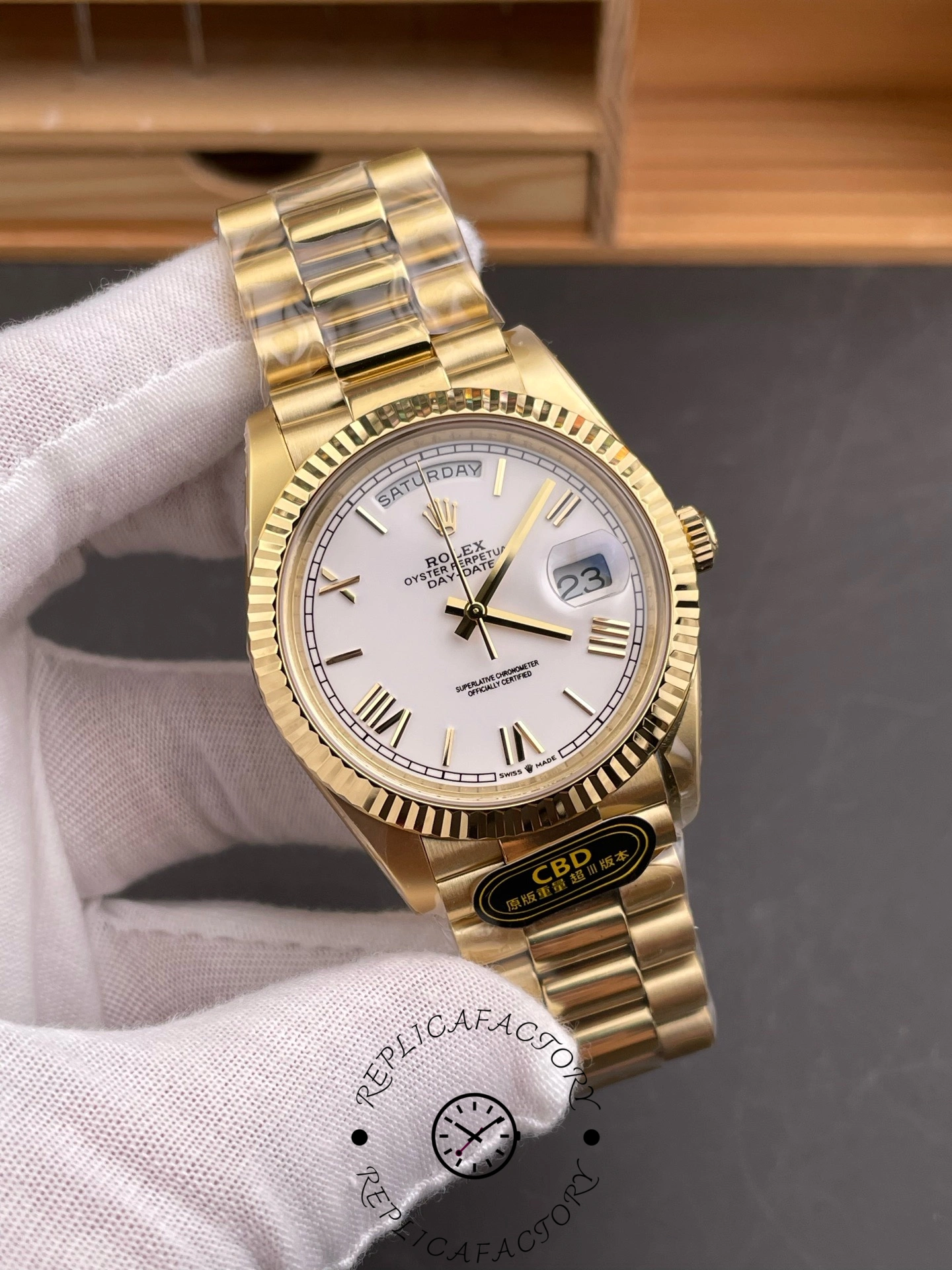 Rolex Day-Date 228238 White Roman Dial Fluted Bezel 40mm Mens Replica Watch - QualitySwissReplica