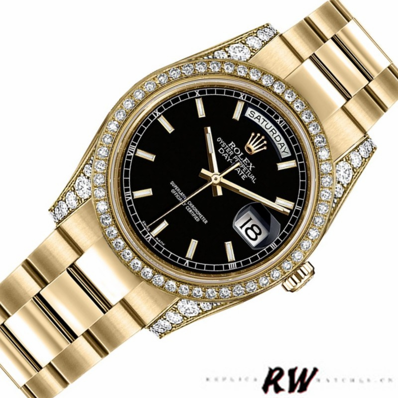 Rolex Day-Date 118388 Yellow Gold Black Index Dial 36mm Unisex Replica Watch - QualitySwissReplica