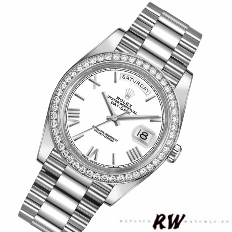 Rolex Day-Date 228349RBR White Roman Dial Diamond Bezel 40mm Mens Replica Watch - QualitySwissReplica