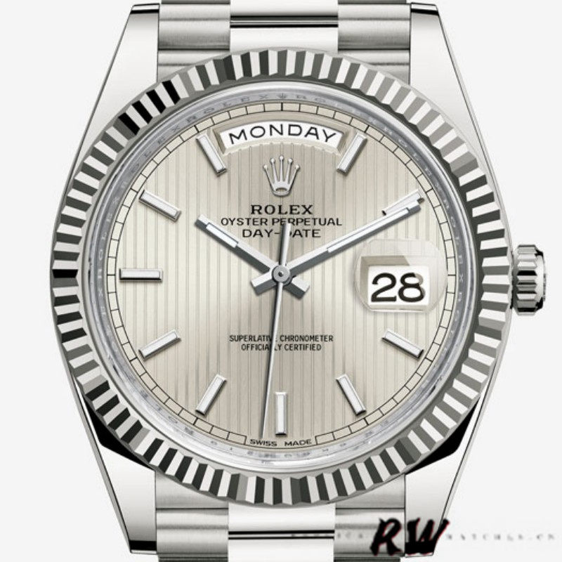 Rolex Day-Date 228239 Silver Stripe Motif Dial Fluted Bezel 40mm Mens Replica Watch - QualitySwissReplica