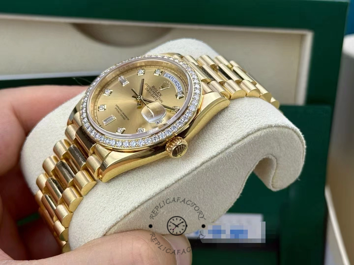 Rolex Day-Date 128348RBR Champagne Diamond Dial Yellow Gold 36MM Unisex Replica Watch - QualitySwissReplica