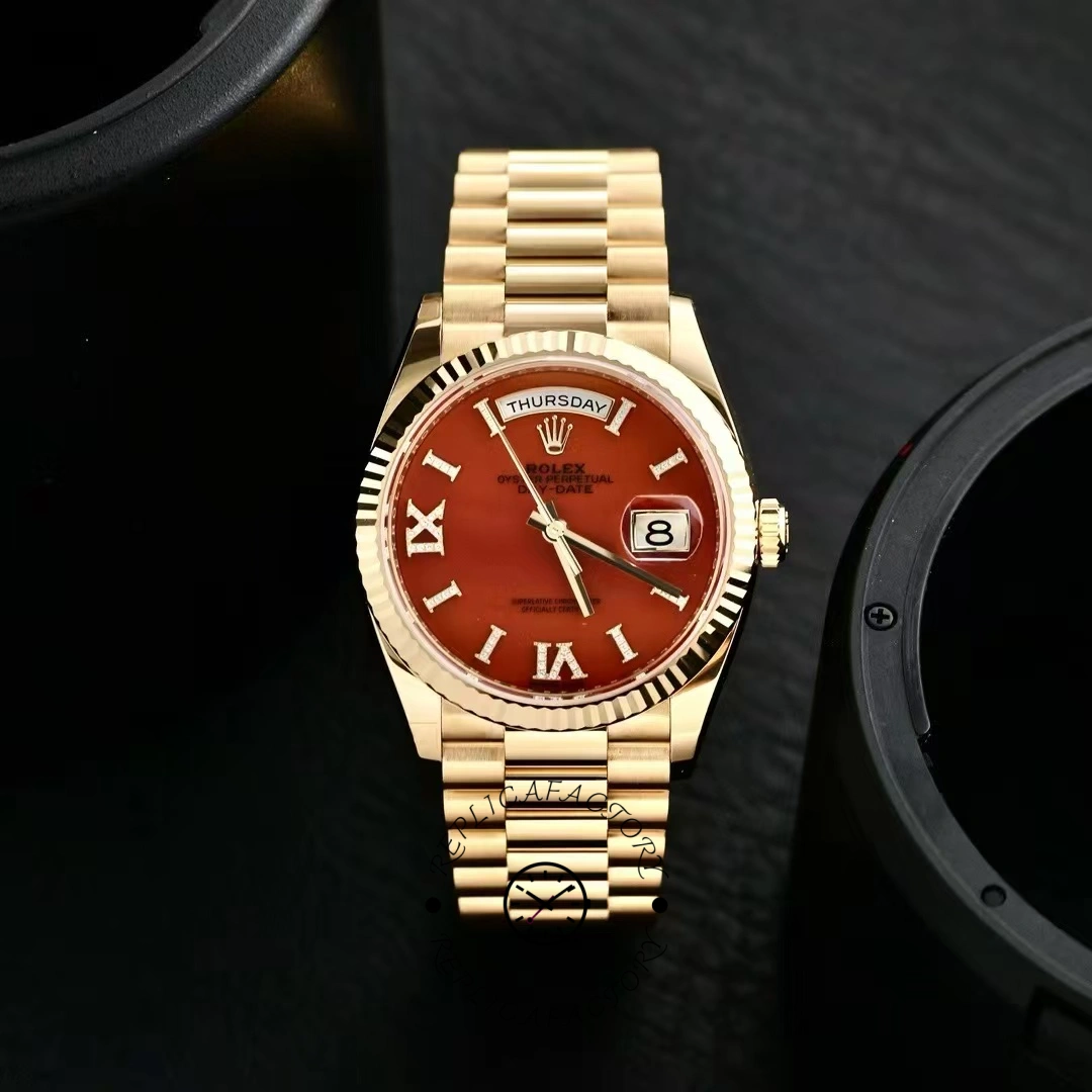 Rolex Day-Date 128238 Fluted Bezel Carnelian dial 36MM Unisex Replica Watch - QualitySwissReplica