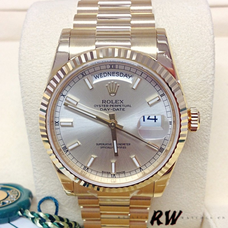 Rolex Day-Date 118238 Silver dial Fluted Bezel 36mm Unisex Replica Watch - QualitySwissReplica