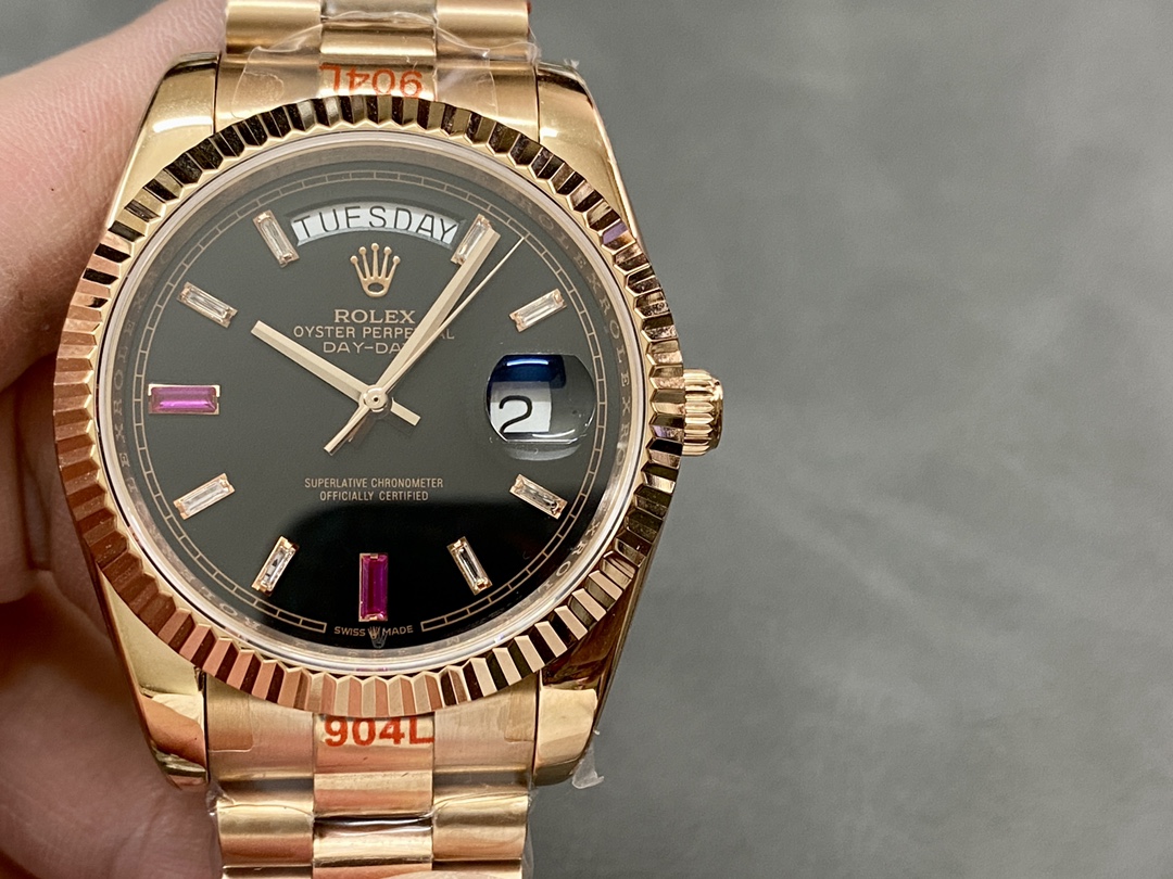 Rolex Day-Date 218235 Diamonds and Rubies Black Dial Rose Gold 41MM Mens Replica Watch - QualitySwissReplica