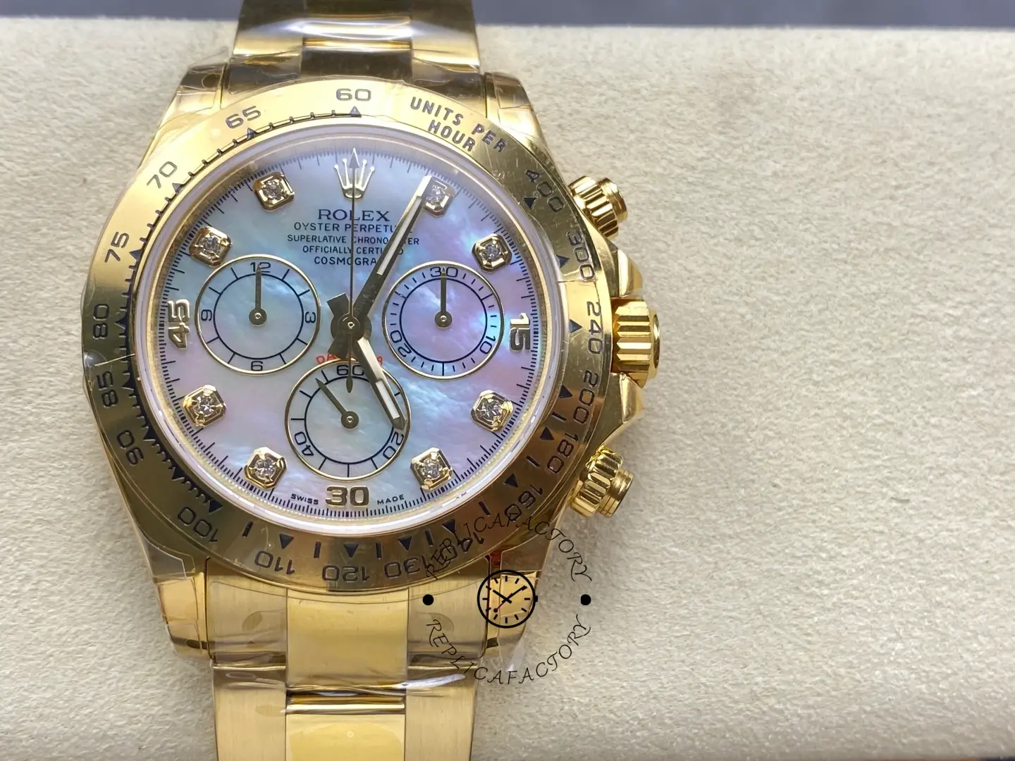 Rolex Daytona 116528 Yellow Gold Mother of Pearl Diamond Dial 40mm Mens Replica Watch - QualitySwissReplica