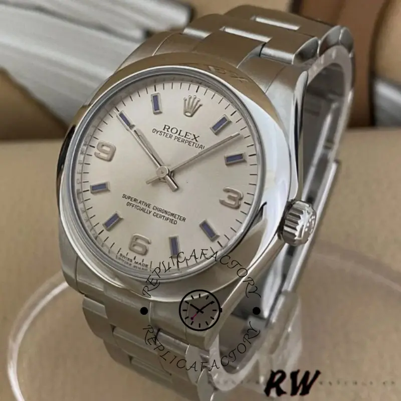 Rolex Oyster Perpetual 177200 Silver Dial Blue Markers 31mm Lady Replica Watch - QualitySwissReplica
