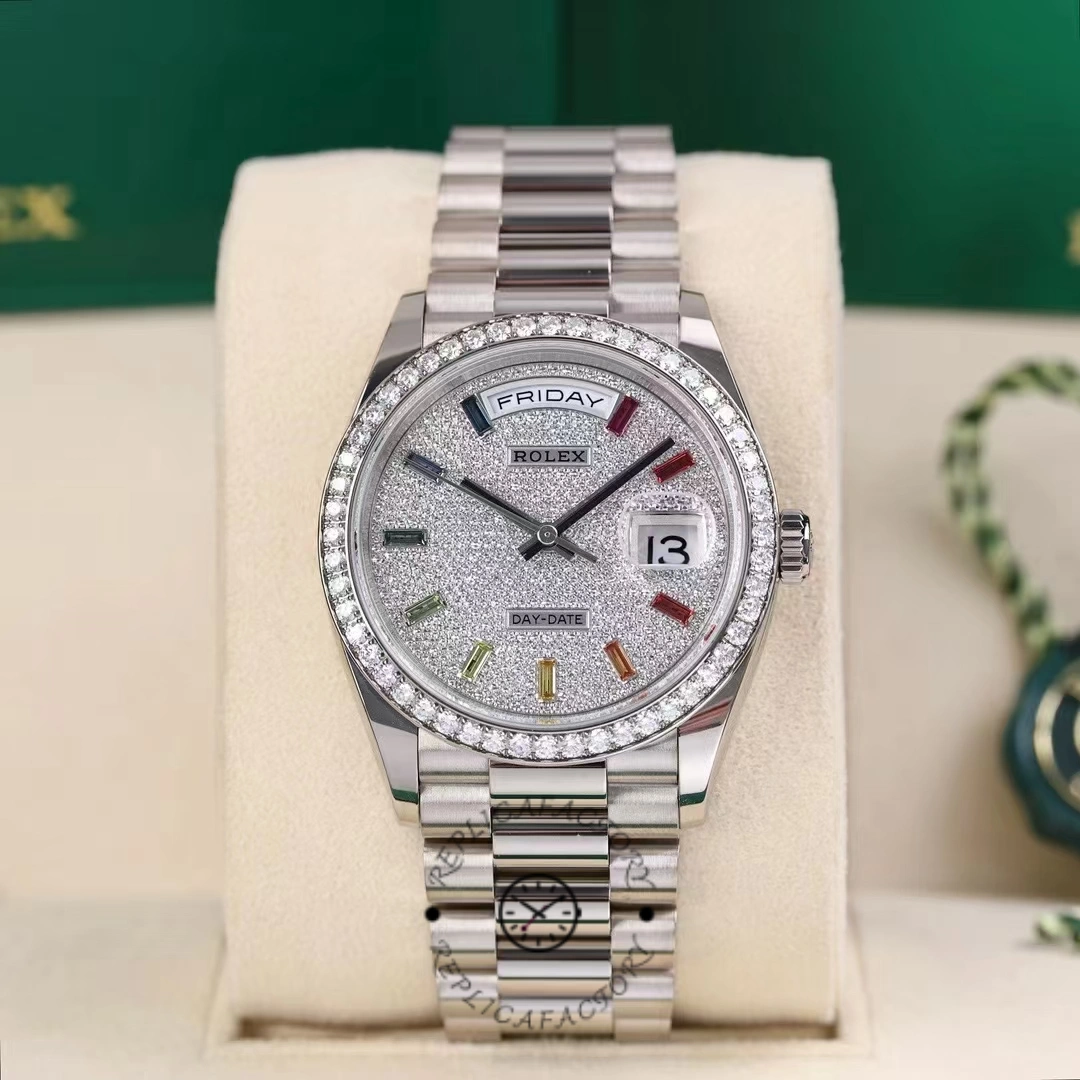 Rolex Day Date 36mm White Gold 128349RBR 0006 Pave Rainbow - QualitySwissReplica
