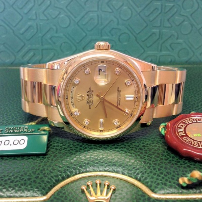 Rolex Day-Date 118208 Champagne Diamond Dial 36mm Unisex Replica Watch - QualitySwissReplica