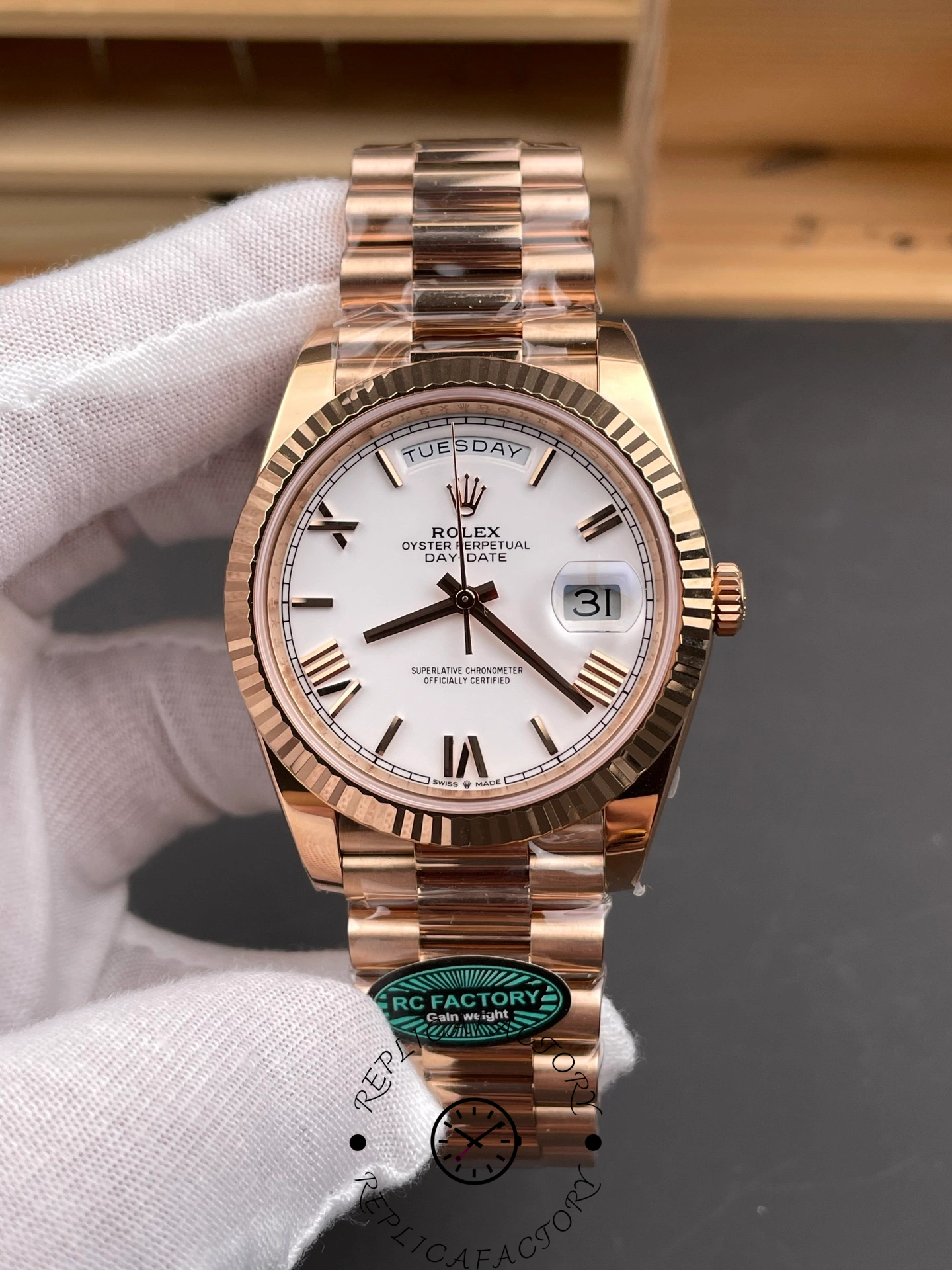 Rolex Day-Date 228235 White Roman Numeral Dial Fluted Bezel 40mm Mens Replica Watch - QualitySwissReplica