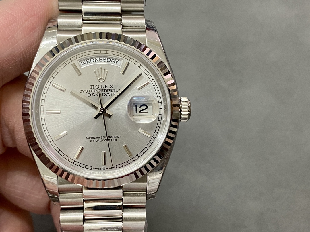 Rolex Day Date 36mm Platinum White Gold Silver Index 128236 0001 - QualitySwissReplica