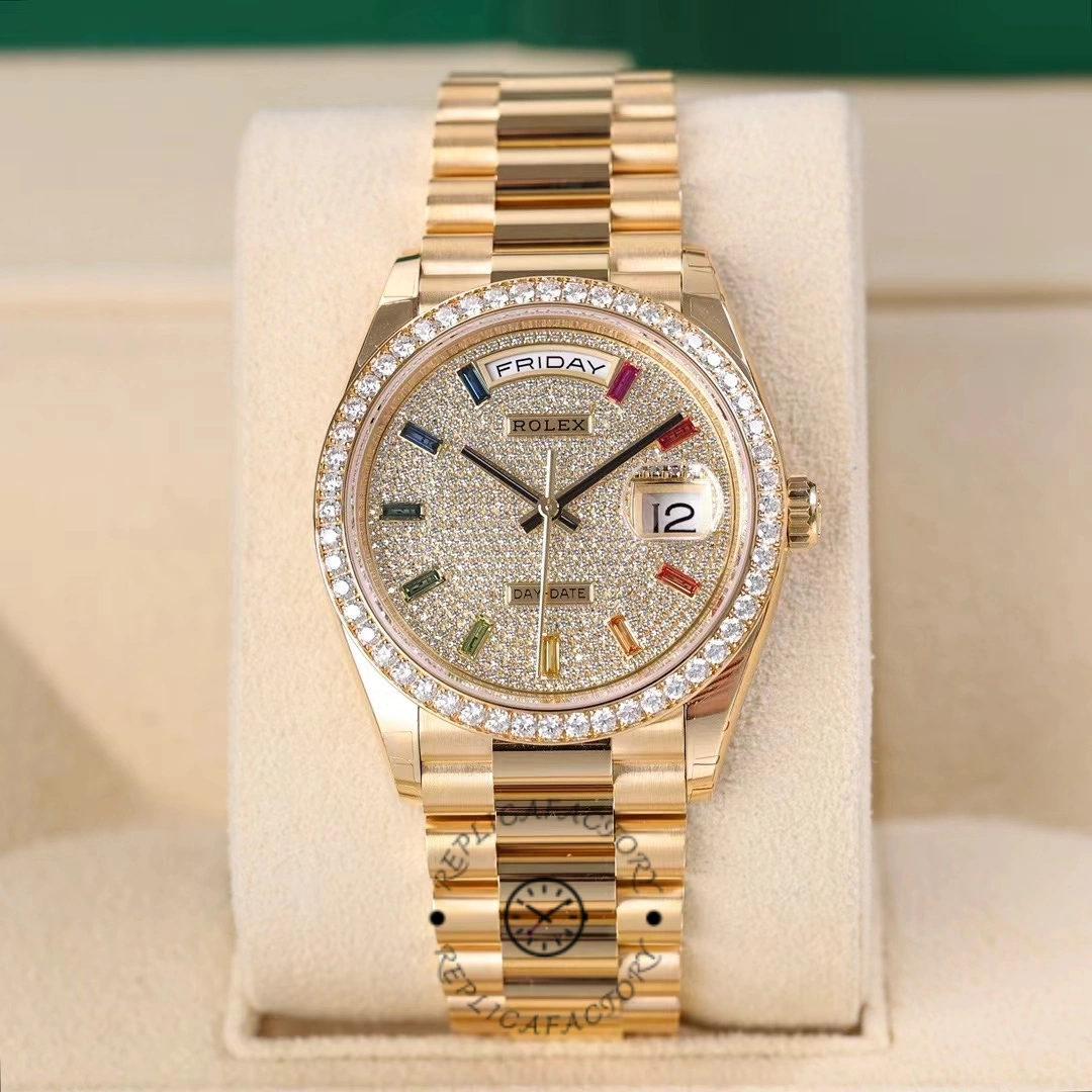 Rolex Day Date 36mm Yellow Gold 128348RBR 0030 Pave Rainbow Diamonds Sapphires Dial - QualitySwissReplica