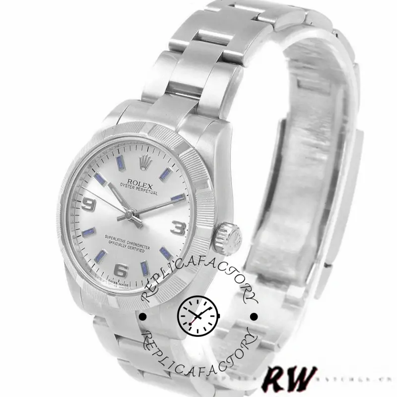 Rolex Oyster Perpetual 177210 Silver Dial Blue Hour Markers 31mm Lady Replica Watch - QualitySwissReplica