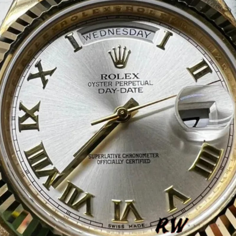 Rolex Day-Date 218238 Silver Roman Numeral Dial Yellow Gold 41MM Mens Replica Watch - QualitySwissReplica