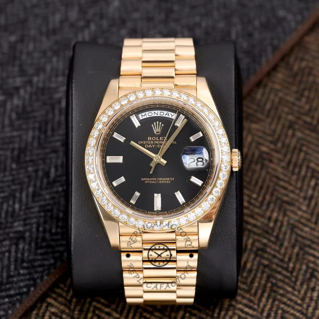 Rolex Day-Date 228348RBR 0039 Black Diamond Dial Diamond Bezel 40mm Mens Replica Watch - QualitySwissReplica