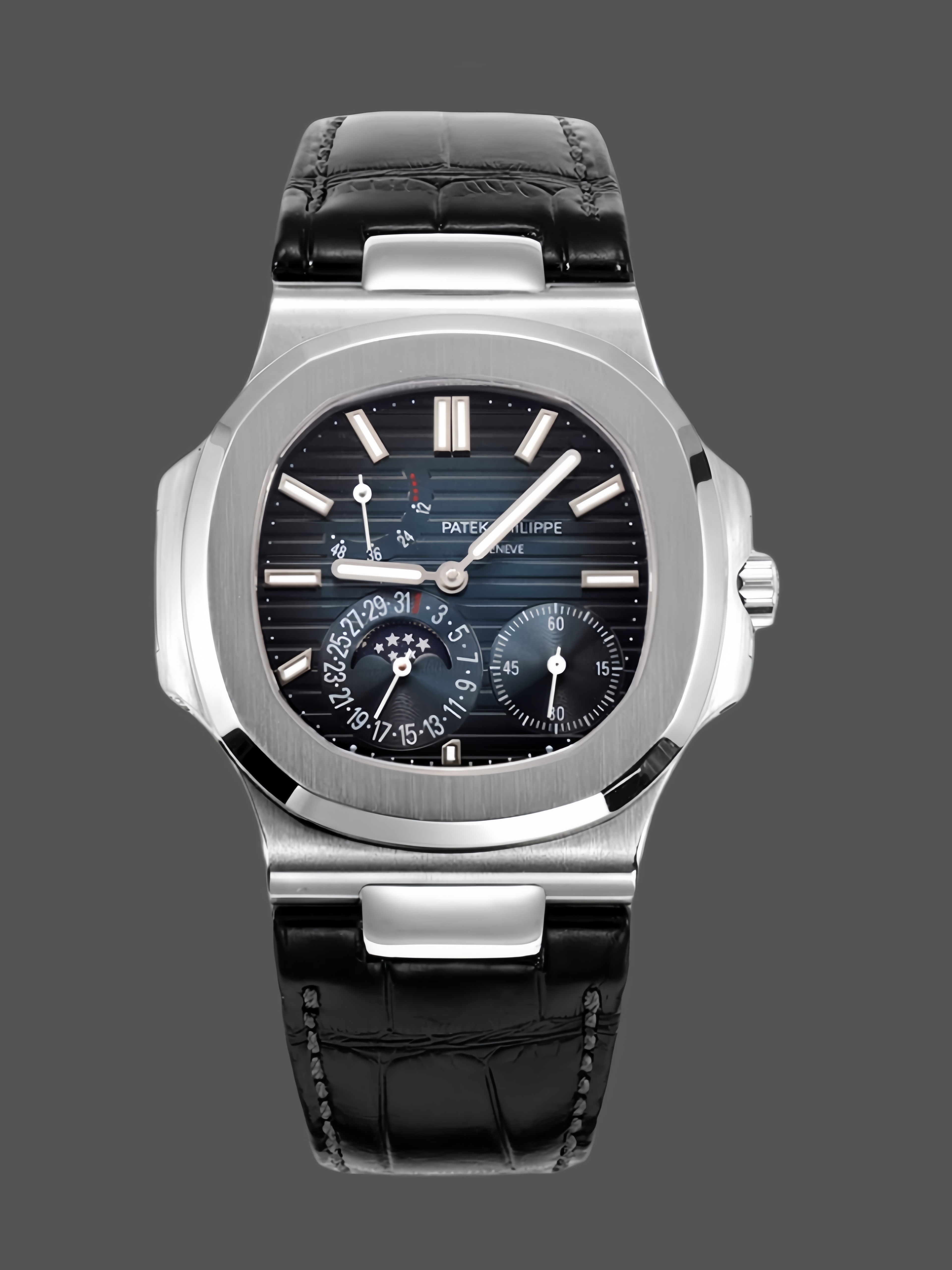 Patek Philippe Nautilus Moon Phases Rose & White Gold Slate Blue Sunburst 5712GR 001 - QualitySwissReplica