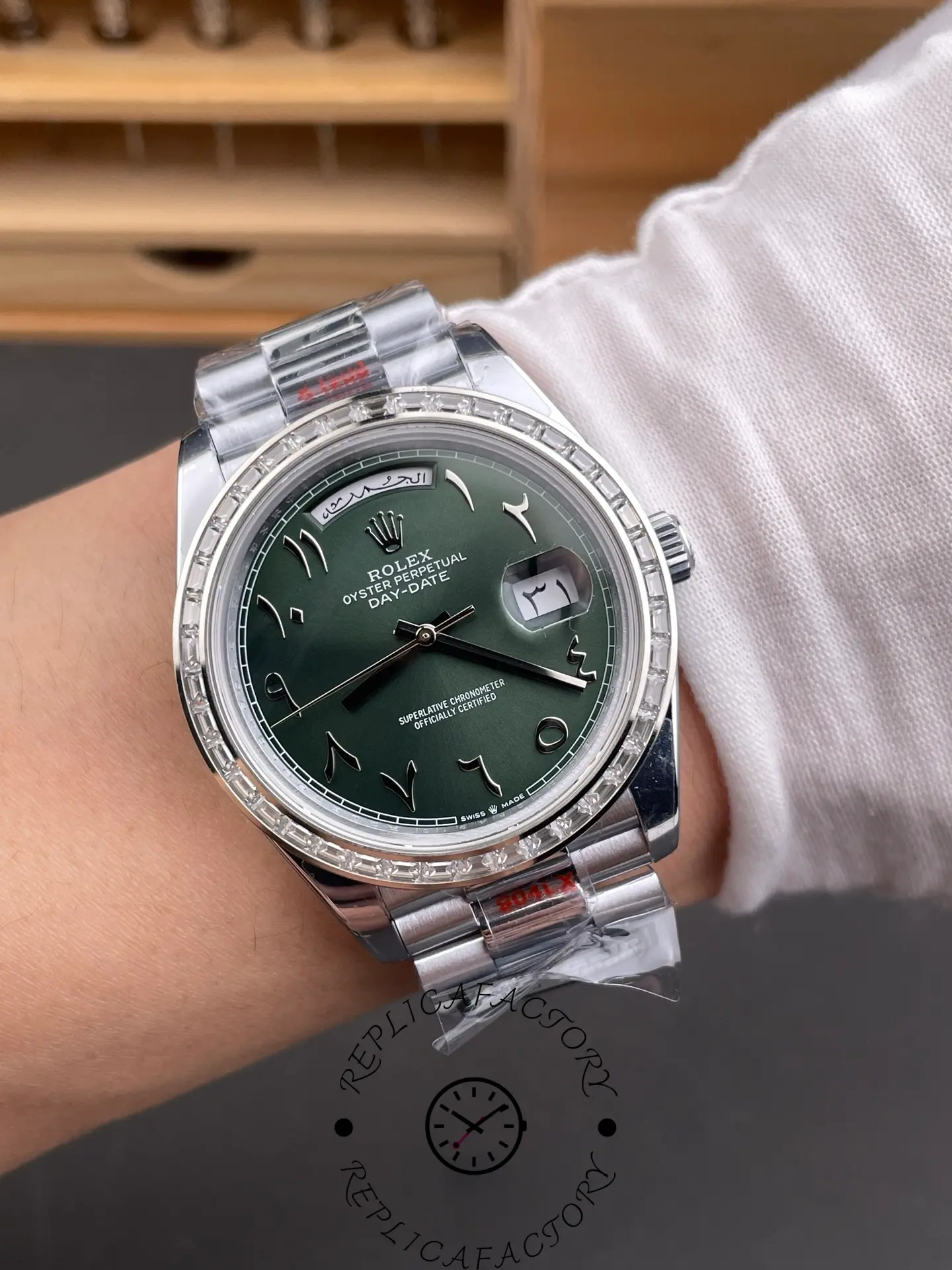 Rolex Day-Date 40 Platinum Arabic Numerals Green with Diamonds 228396tbr - QualitySwissReplica