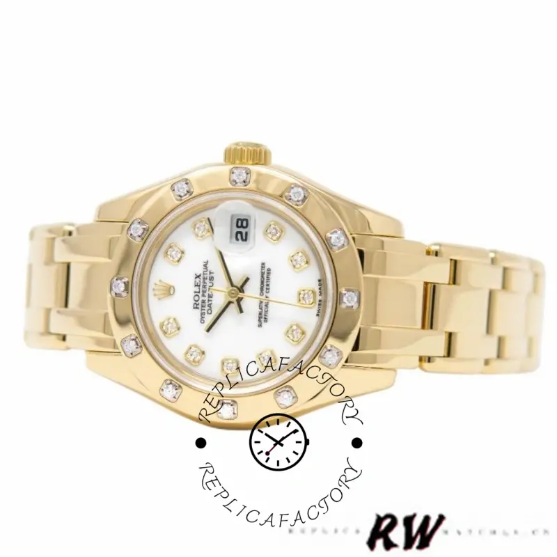 Rolex Pearlmaster 80318 Yellow Gold White Dial 29MM Lady Replica Watch - QualitySwissReplica