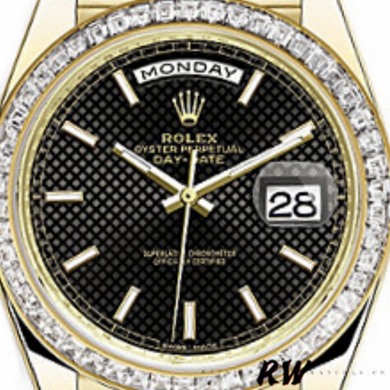 Rolex Day-Date 228398TBR Black Diagonal Motif Dial Diamond Bezel 40mm Mens Replica Watch - QualitySwissReplica