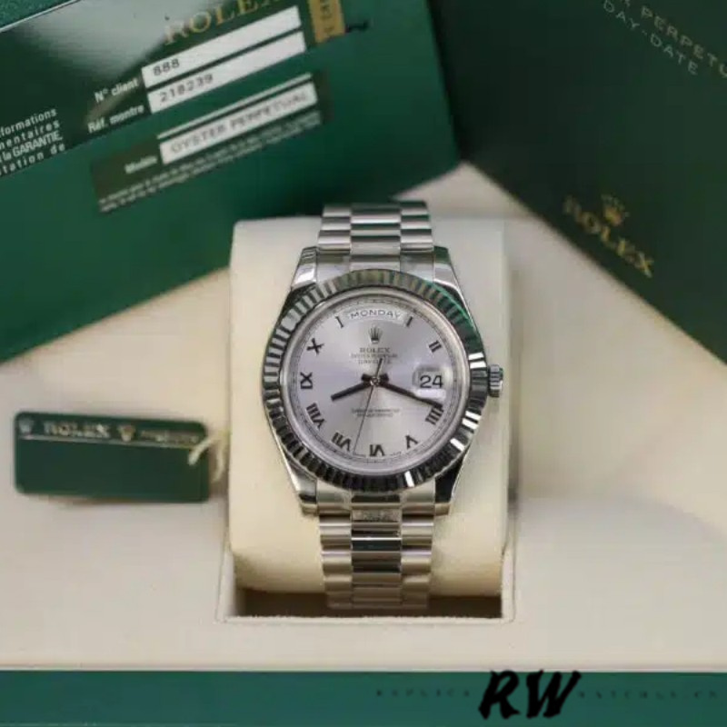 Rolex Day-Date 218239 Silver Roman Numerals Dial White Gold 41MM Mens Replica Watch - QualitySwissReplica