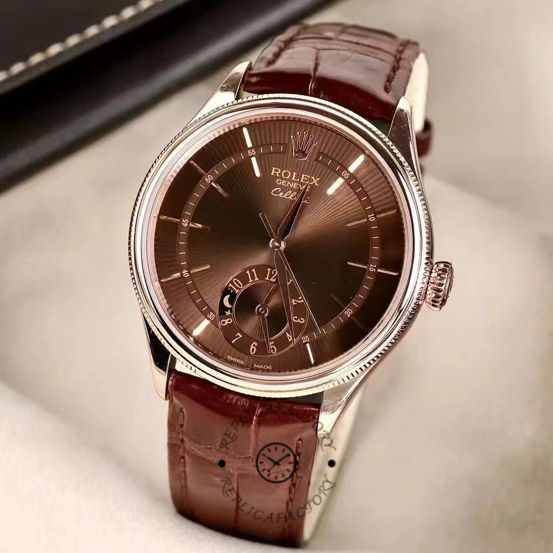Rolex Cellini Dual Time 50525 Brown Guilloche Dial Brown Leather Strap 39mm Mens Replica Watch - QualitySwissReplica
