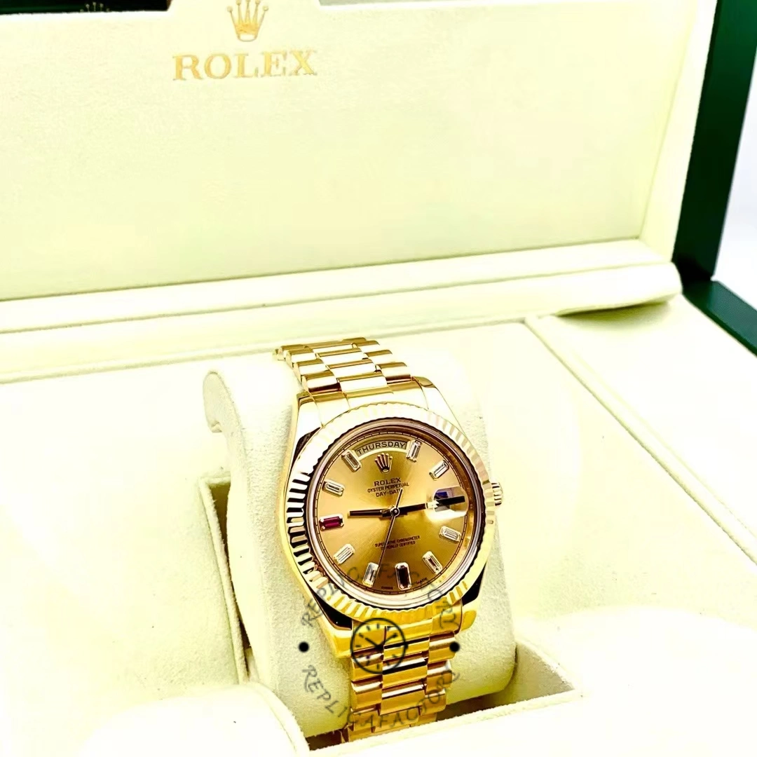 Rolex Day-Date 218238 Champagne Ruby Dial Yellow Gold 41MM Mens Replica Watch - QualitySwissReplica