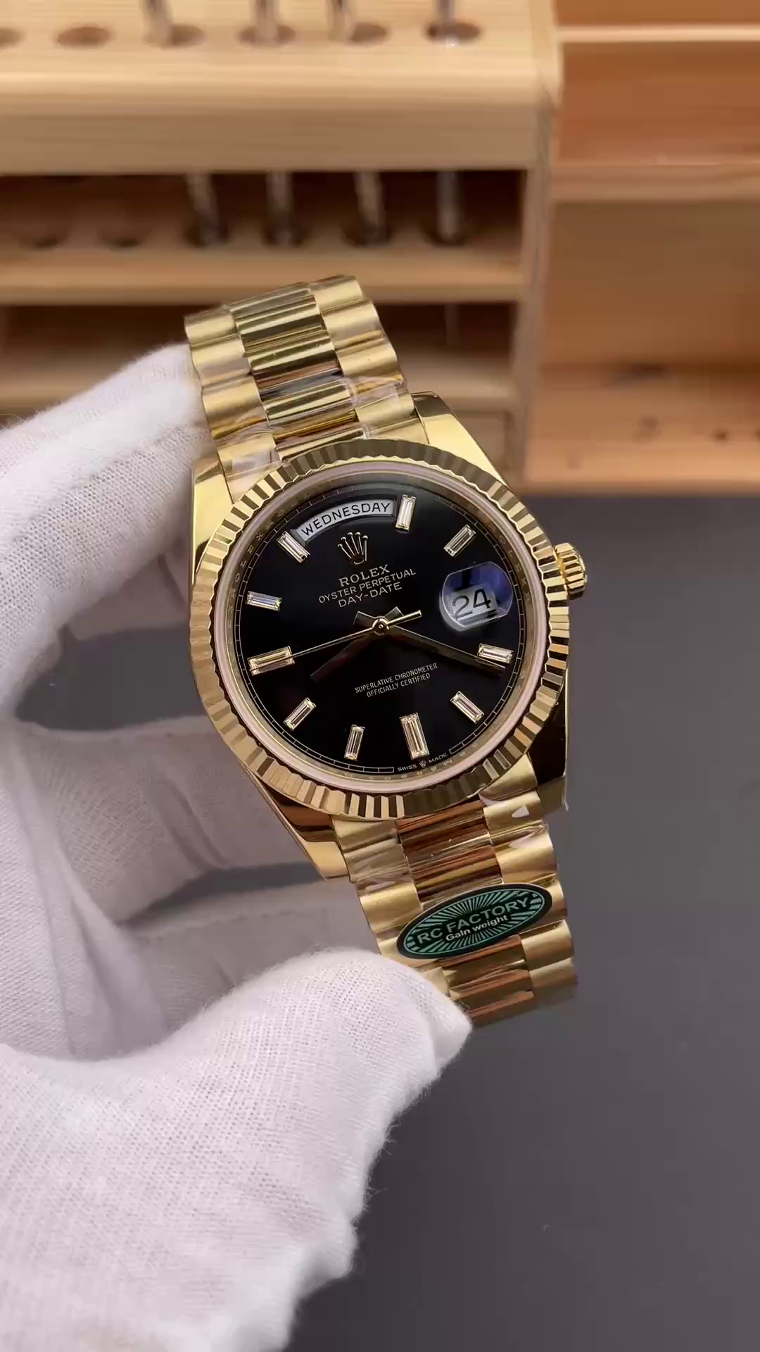 Rolex Day-Date 228238 0004 Black Diamond Dial Fluted Bezel 40mm Mens Replica Watch - QualitySwissReplica