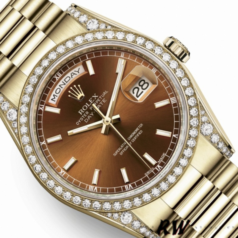 Rolex Day-Date 118388 Diamond Bezel Chocolate Brown Dial 36MM Unisex Replica Watch - QualitySwissReplica