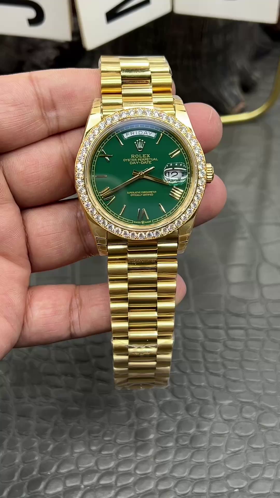 Rolex Day Date 40 18K Yellow Gold Green Dial Diamond Bezel M228348RBR 0040 Men's Watch - QualitySwissReplica