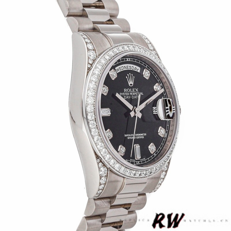 Rolex Day-Date 118389 White Gold Black Diamond Dial 36MM Unisex Replica Watch - QualitySwissReplica