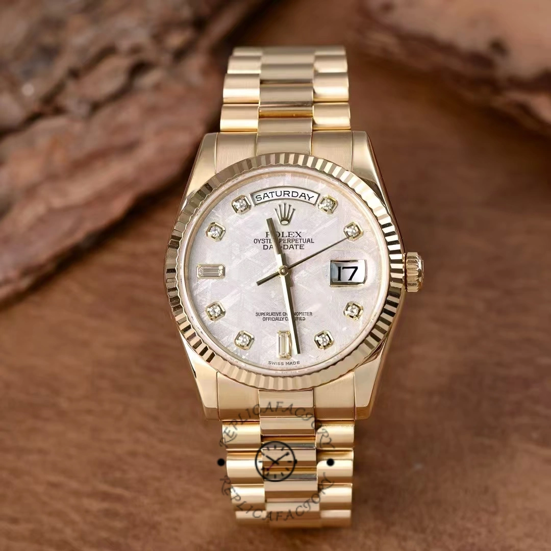 Rolex Day-Date 118238 Yellow Gold Diamond Meteorite Dial 36mm Unisex Replica Watch - QualitySwissReplica